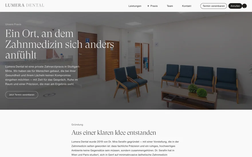 Praxera-Werk: Praxis-Website Lumera Dental, Desktop-Ansicht